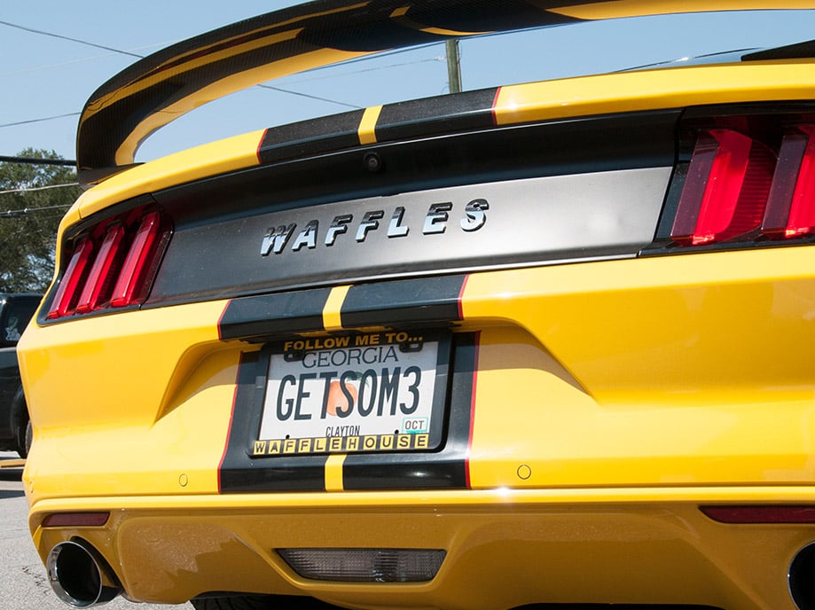 Ford mustang with custom Waffles signage